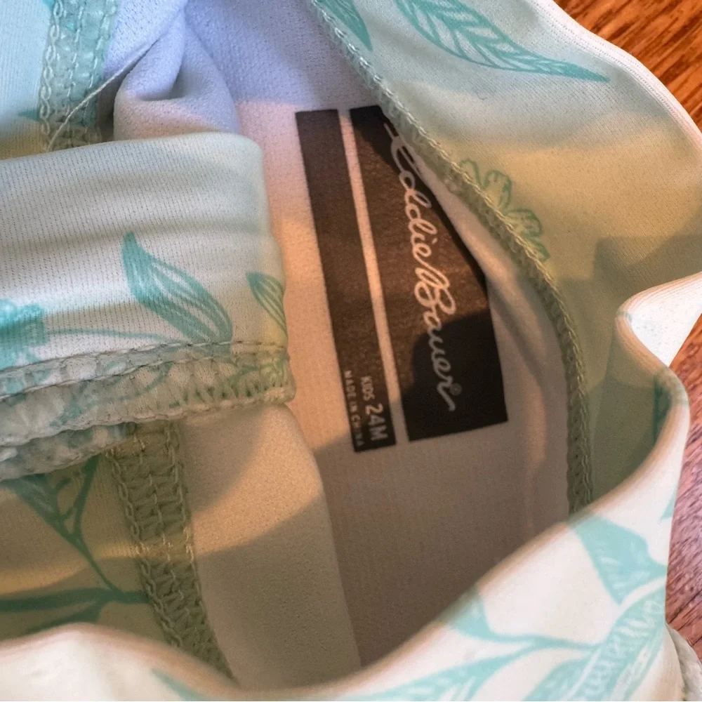 Eddie Bauer Mint Green Leaf Print Girls Rash Guard w/ bucket hat sz 24 months